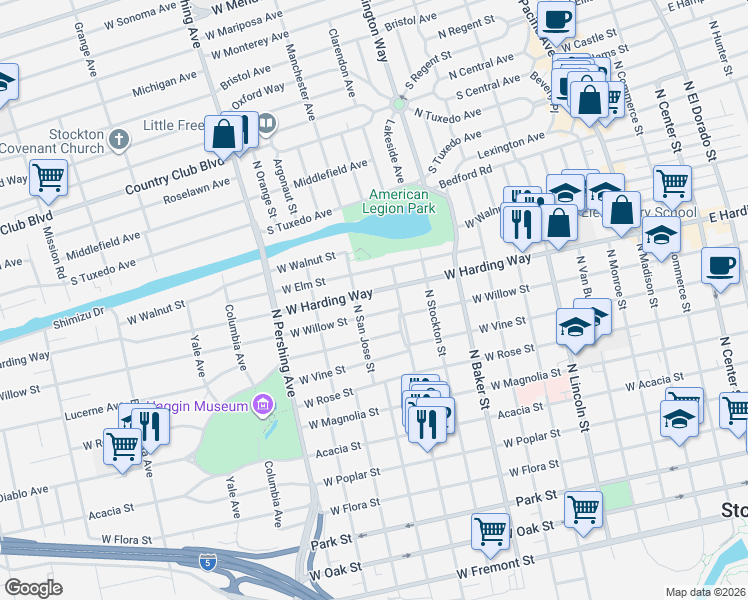 map of restaurants, bars, coffee shops, grocery stores, and more near 1051 West Harding Way in Stockton