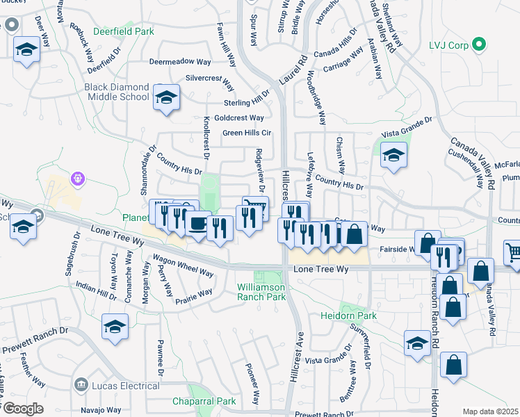 map of restaurants, bars, coffee shops, grocery stores, and more near 4931 Ridgeview Drive in Antioch