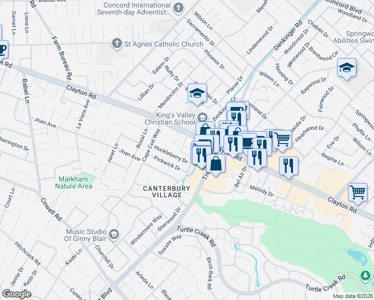 map of restaurants, bars, coffee shops, grocery stores, and more near 4260 Clayton Road in Concord