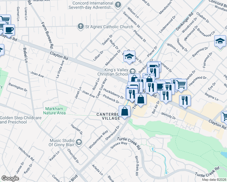 map of restaurants, bars, coffee shops, grocery stores, and more near 4137 Huckleberry Drive in Concord