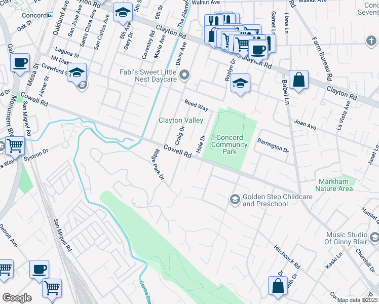 map of restaurants, bars, coffee shops, grocery stores, and more near 3401 Cowell Road in Concord