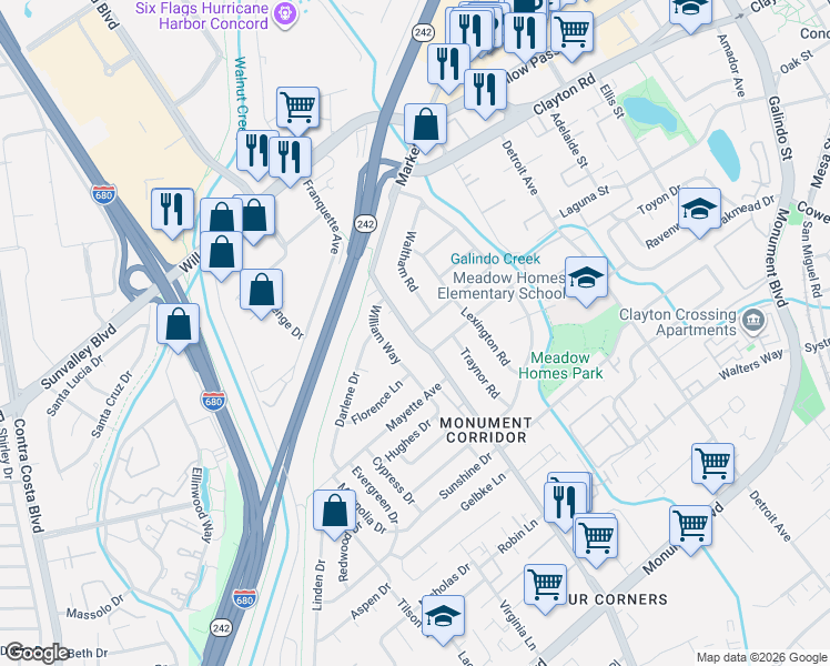 map of restaurants, bars, coffee shops, grocery stores, and more near 2041 Belmont Road in Concord