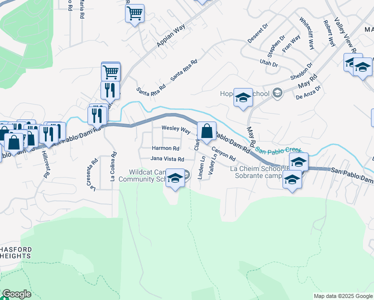 map of restaurants, bars, coffee shops, grocery stores, and more near 3948 Harmon Road in El Sobrante