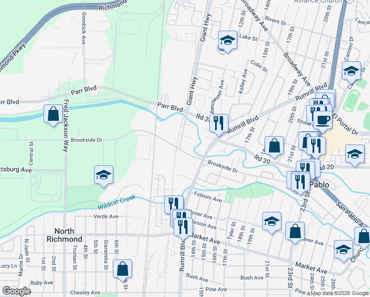 map of restaurants, bars, coffee shops, grocery stores, and more near 2220 Giant Road in San Pablo