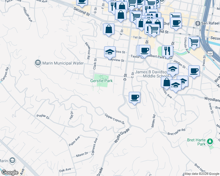 map of restaurants, bars, coffee shops, grocery stores, and more near 34 Grove Street in San Rafael