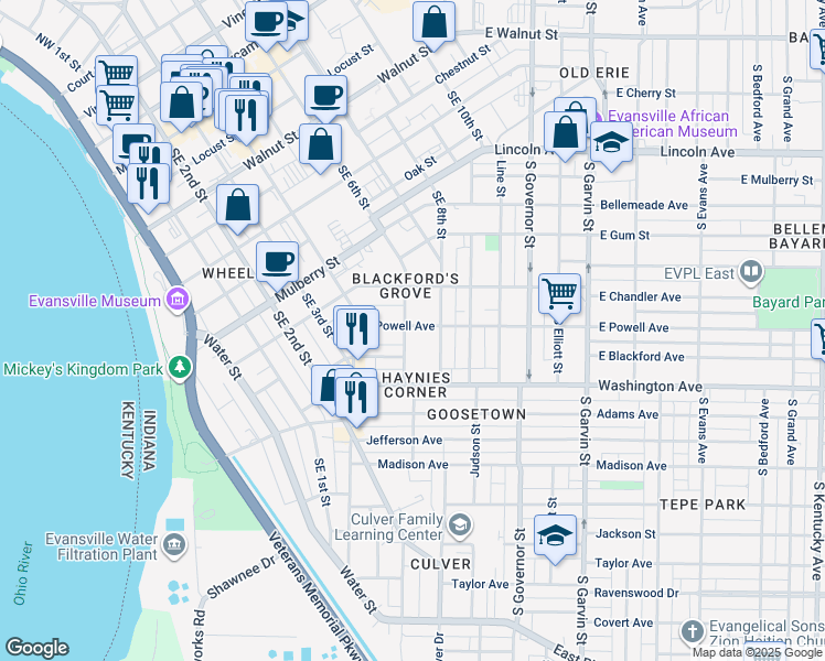 map of restaurants, bars, coffee shops, grocery stores, and more near 36 East Powell Avenue in Evansville