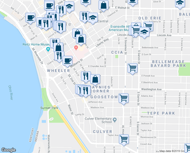 map of restaurants, bars, coffee shops, grocery stores, and more near 36 East Powell Avenue in Evansville