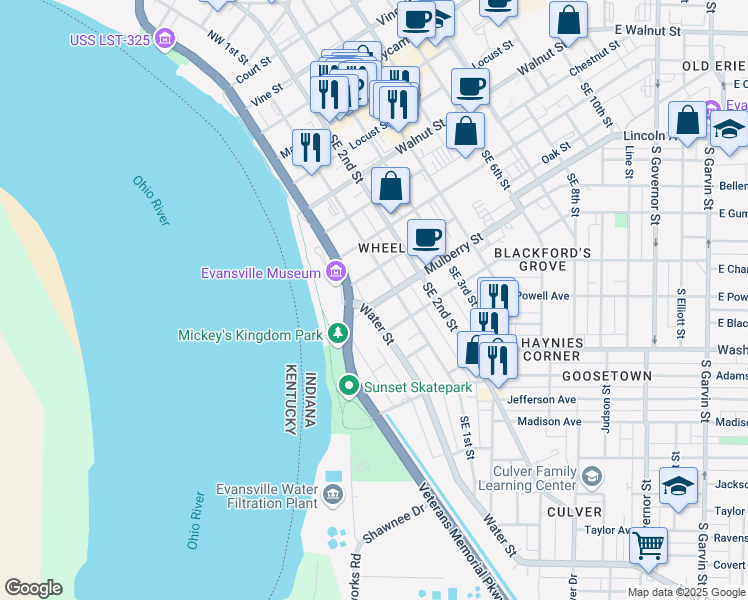 map of restaurants, bars, coffee shops, grocery stores, and more near 510 Southeast Riverside Drive in Evansville