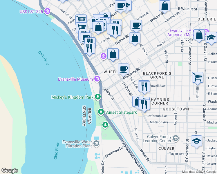 map of restaurants, bars, coffee shops, grocery stores, and more near 510 Southeast Riverside Drive in Evansville