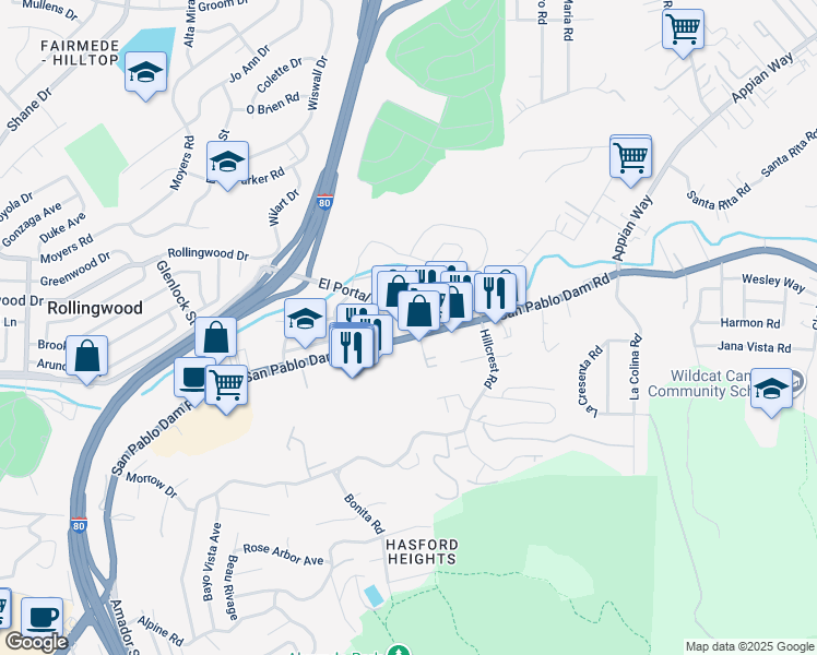 map of restaurants, bars, coffee shops, grocery stores, and more near 3635 San Pablo Dam Road in El Sobrante