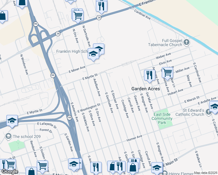 map of restaurants, bars, coffee shops, grocery stores, and more near 15 North Sinclair Avenue in Stockton