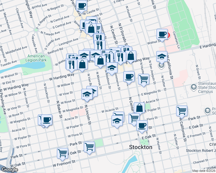 map of restaurants, bars, coffee shops, grocery stores, and more near 1319 North Madison Street in Stockton