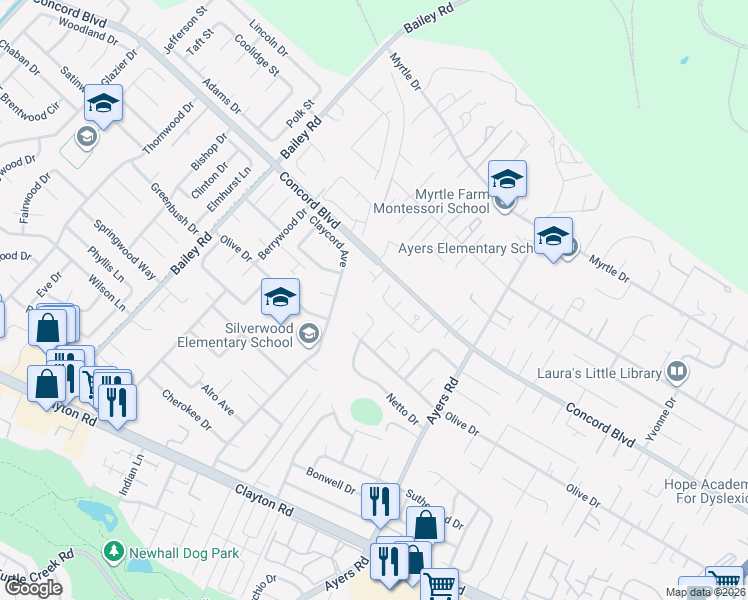 map of restaurants, bars, coffee shops, grocery stores, and more near 1770 Trailcreek Court in Concord