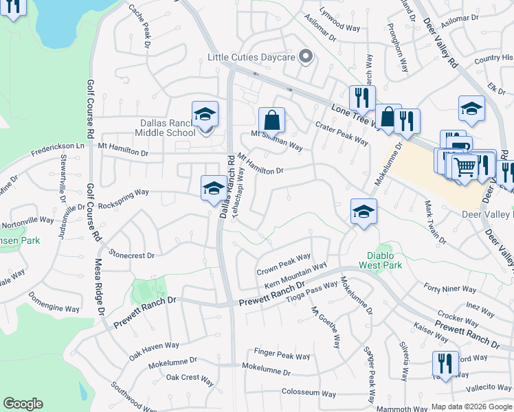 map of restaurants, bars, coffee shops, grocery stores, and more near 5132 Monitor Pass Way in Antioch