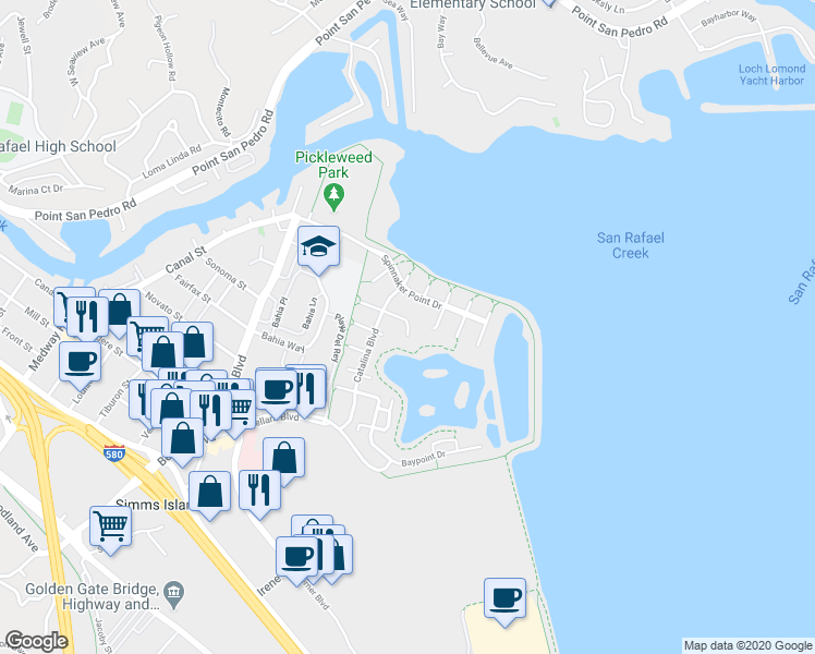 map of restaurants, bars, coffee shops, grocery stores, and more near Nantucket Cove in San Rafael