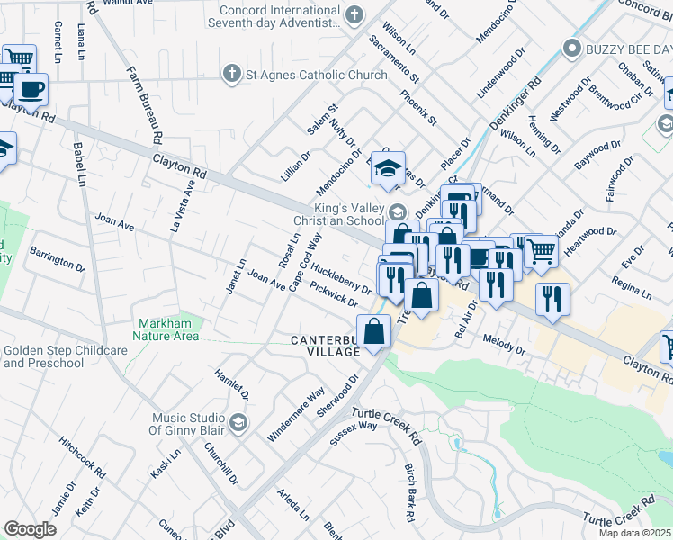 map of restaurants, bars, coffee shops, grocery stores, and more near 4137 Huckleberry Drive in Concord