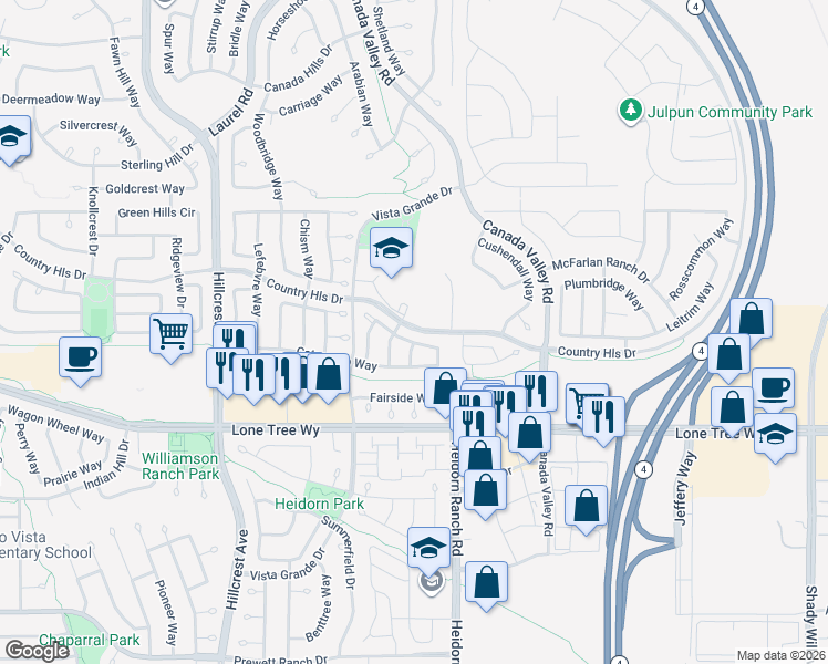 map of restaurants, bars, coffee shops, grocery stores, and more near 5317 Country Hills Drive in Antioch