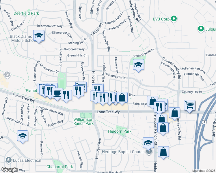 map of restaurants, bars, coffee shops, grocery stores, and more near 5009 Woodmont Way in Antioch