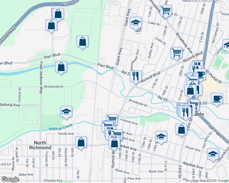 map of restaurants, bars, coffee shops, grocery stores, and more near 2220 Giant Road in San Pablo