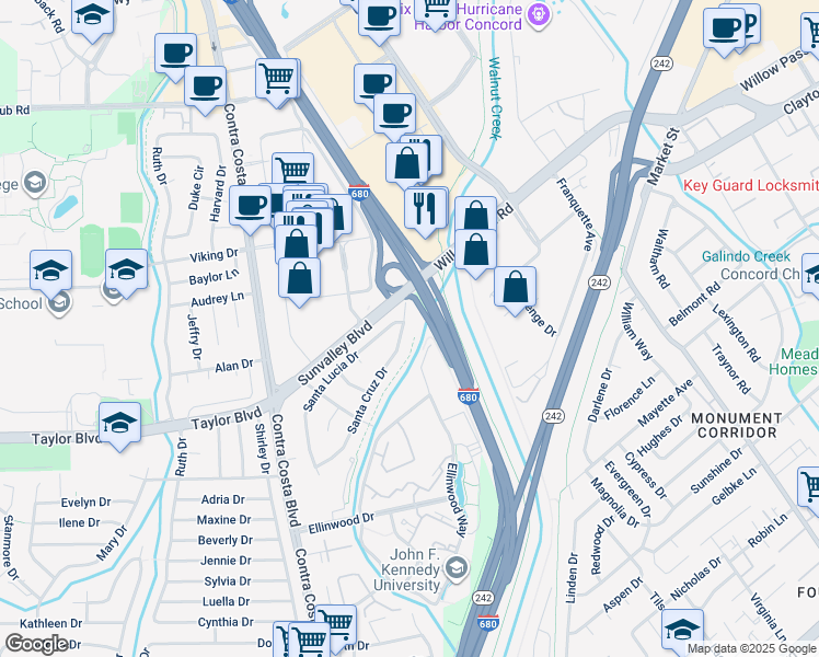 map of restaurants, bars, coffee shops, grocery stores, and more near 883 Santa Cruz Drive in Pleasant Hill