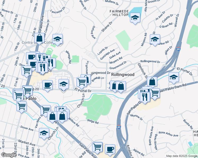 map of restaurants, bars, coffee shops, grocery stores, and more near 2772 Bowhill Lane in San Pablo