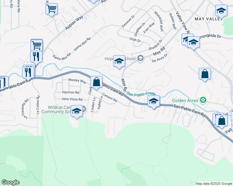 map of restaurants, bars, coffee shops, grocery stores, and more near 4690 San Pablo Dam Road in El Sobrante