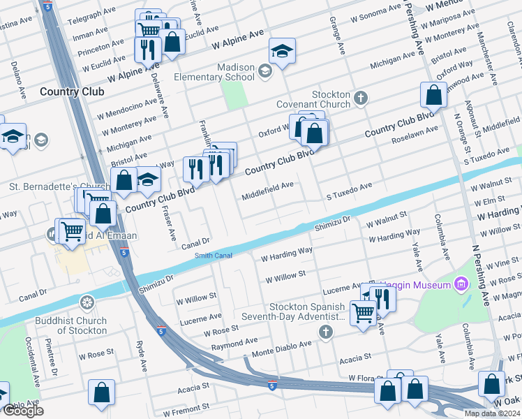 map of restaurants, bars, coffee shops, grocery stores, and more near 2033 South Tuxedo Avenue in Stockton