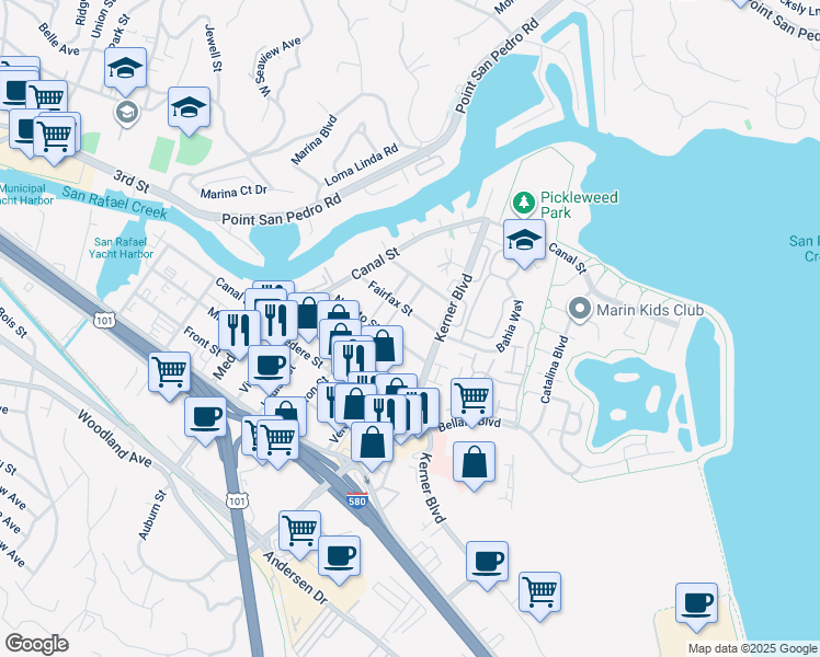 map of restaurants, bars, coffee shops, grocery stores, and more near 26 Fairfax Street in San Rafael