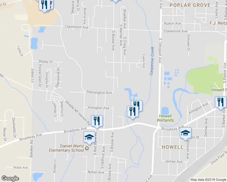 map of restaurants, bars, coffee shops, grocery stores, and more near 1516 South Bosse Avenue in Evansville