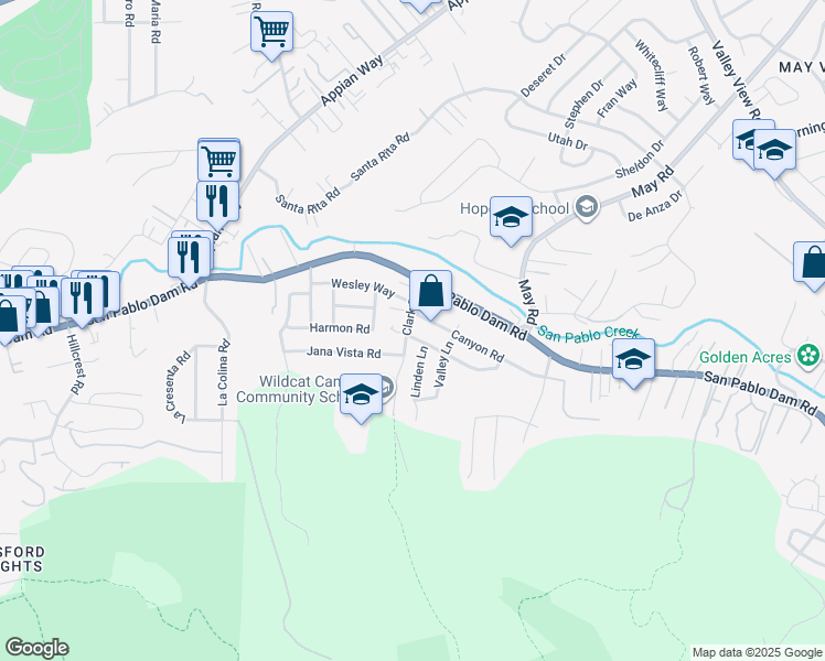 map of restaurants, bars, coffee shops, grocery stores, and more near 4511 Elmwood Road in El Sobrante