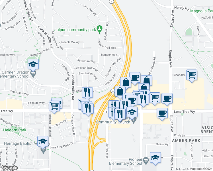 map of restaurants, bars, coffee shops, grocery stores, and more near 5609 Leitrim Way in Antioch