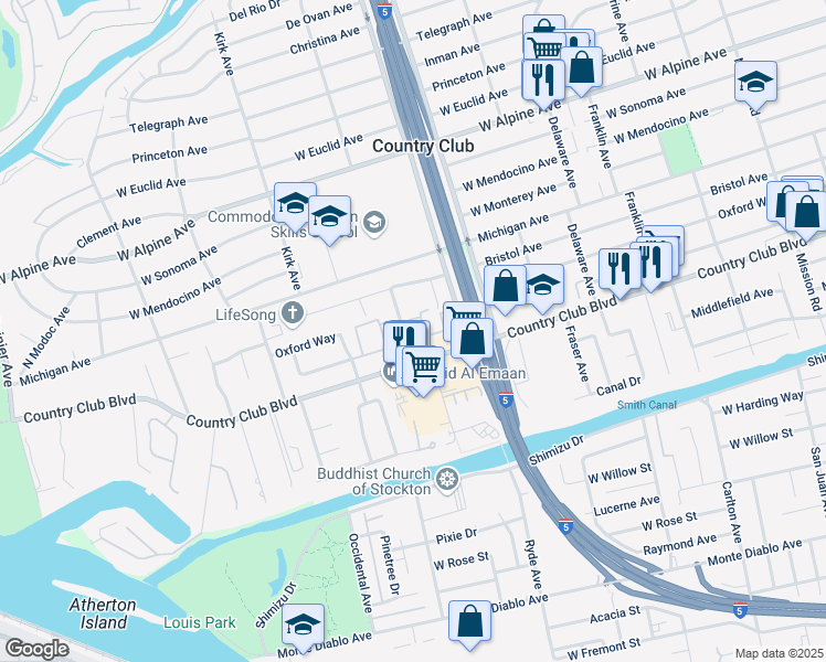 map of restaurants, bars, coffee shops, grocery stores, and more near 2733 Country Club Boulevard in Stockton