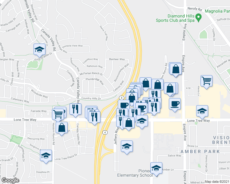 map of restaurants, bars, coffee shops, grocery stores, and more near 5621 Leitrim Way in Antioch