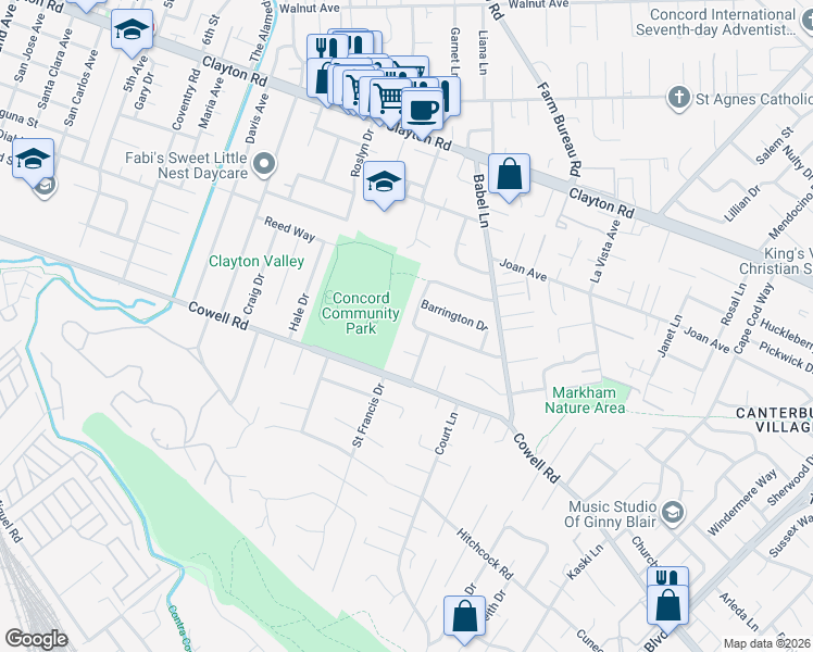 map of restaurants, bars, coffee shops, grocery stores, and more near 3701 Gainsborough Drive in Concord
