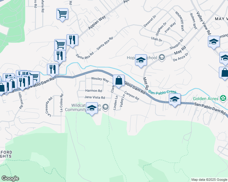 map of restaurants, bars, coffee shops, grocery stores, and more near 4511 Elmwood Road in El Sobrante