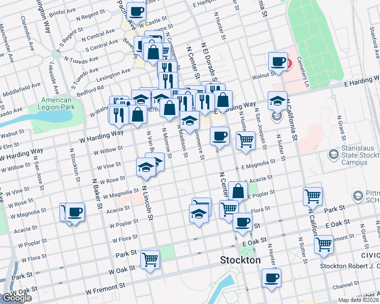 map of restaurants, bars, coffee shops, grocery stores, and more near 136 West Vine Street in Stockton