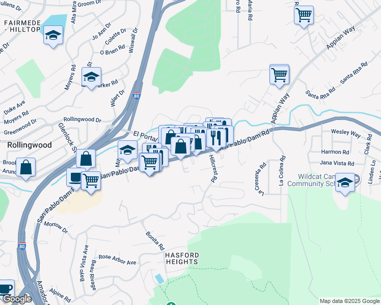 map of restaurants, bars, coffee shops, grocery stores, and more near 3733 San Pablo Dam Road in El Sobrante