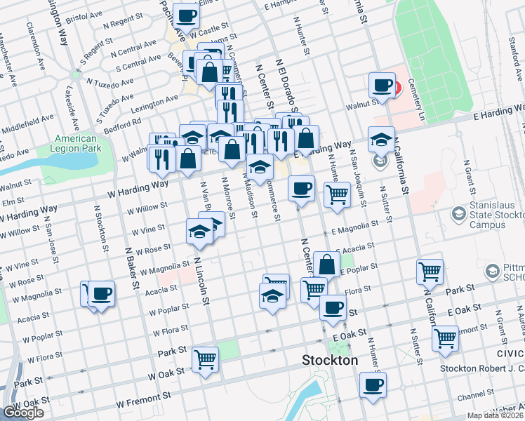 map of restaurants, bars, coffee shops, grocery stores, and more near 136 West Vine Street in Stockton