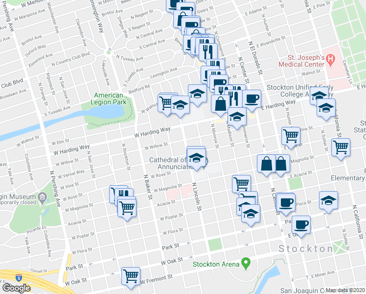 map of restaurants, bars, coffee shops, grocery stores, and more near 1327 North Lincoln Street in Stockton