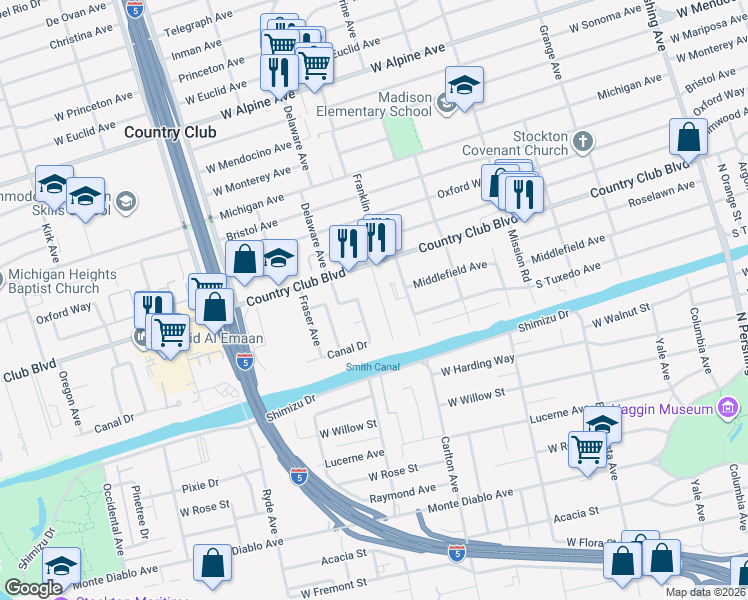 map of restaurants, bars, coffee shops, grocery stores, and more near 2311 Franklin Avenue in Stockton