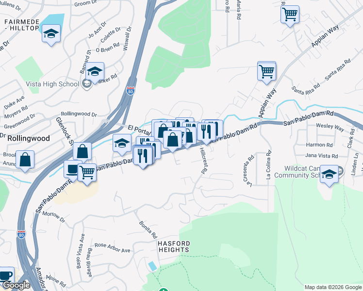 map of restaurants, bars, coffee shops, grocery stores, and more near 3733 San Pablo Dam Road in El Sobrante