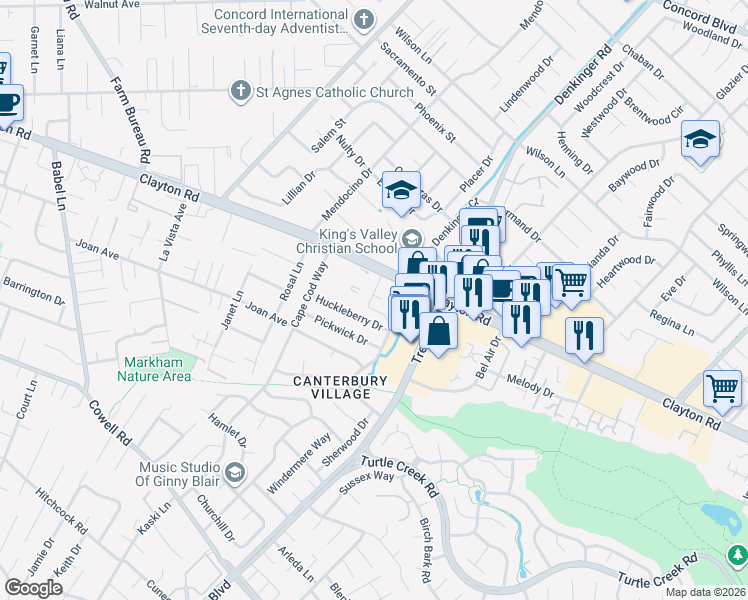 map of restaurants, bars, coffee shops, grocery stores, and more near 4260 Clayton Road in Concord