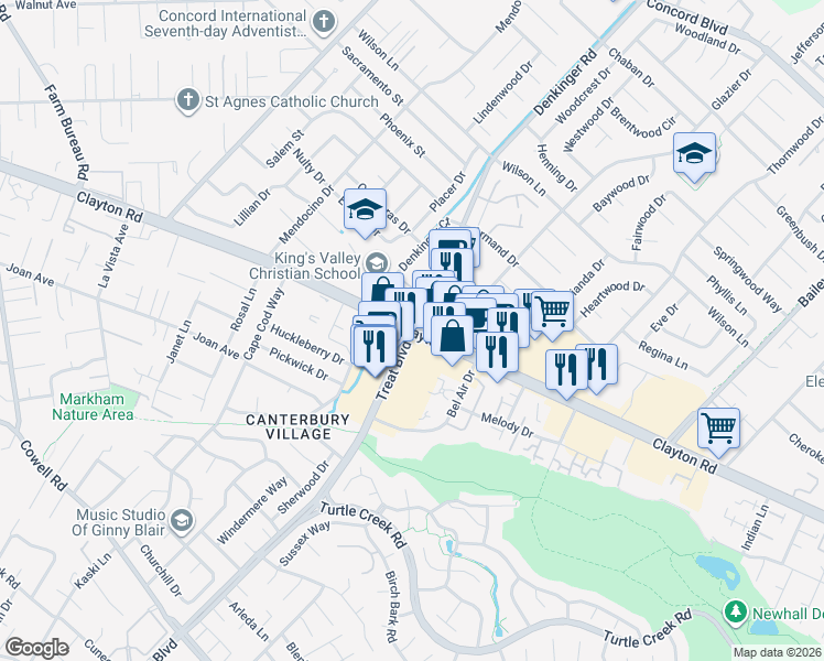 map of restaurants, bars, coffee shops, grocery stores, and more near Clayton Road & Treat Boulevard in Concord