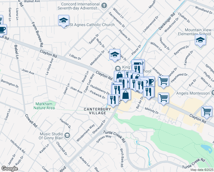 map of restaurants, bars, coffee shops, grocery stores, and more near 4260 Clayton Road in Concord