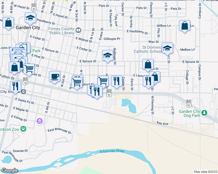 map of restaurants, bars, coffee shops, grocery stores, and more near 1110-1198 East Chestnut Street in Garden City