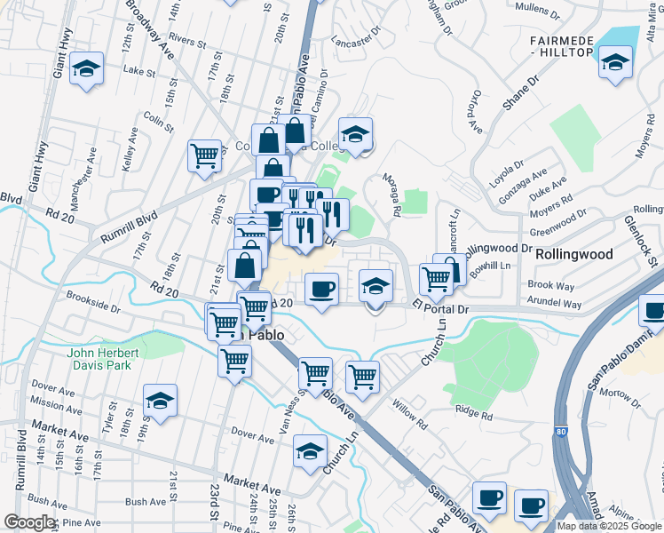 map of restaurants, bars, coffee shops, grocery stores, and more near 404 Presidio Street in San Pablo