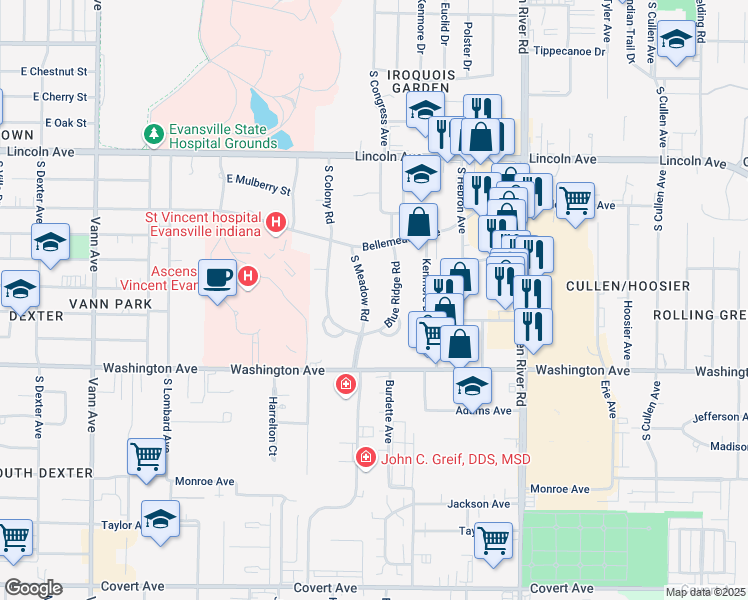 map of restaurants, bars, coffee shops, grocery stores, and more near 850 South Meadow Road in Evansville