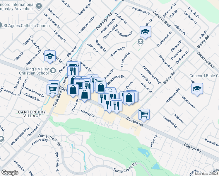 map of restaurants, bars, coffee shops, grocery stores, and more near 1500 Heartwood Drive in Concord