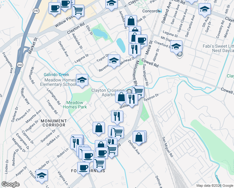 map of restaurants, bars, coffee shops, grocery stores, and more near 2534 Todd Avenue in Concord