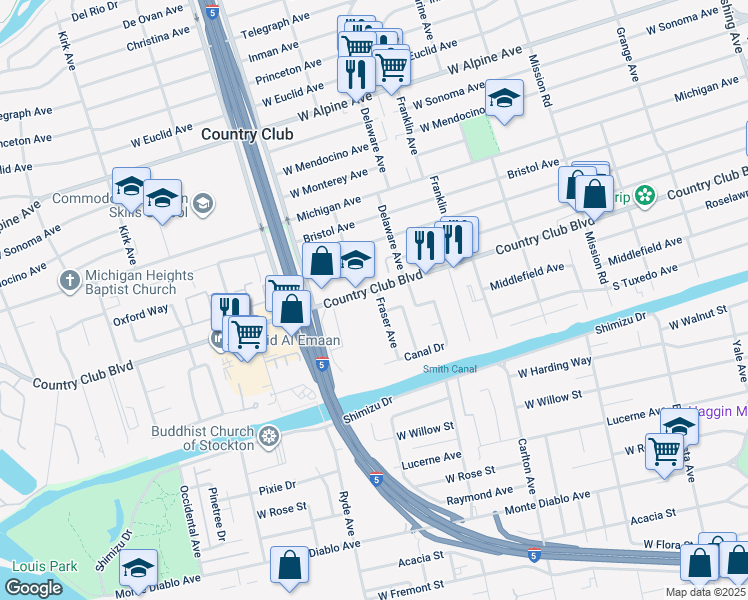 map of restaurants, bars, coffee shops, grocery stores, and more near 2325 Fraser Avenue in Stockton